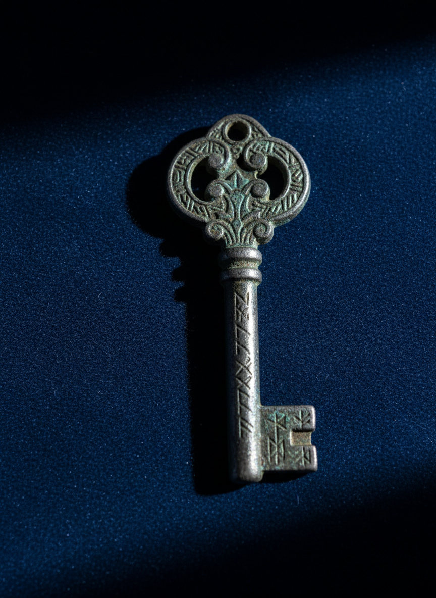 An enigmatic, weathered metal artifact—a mysterious old key with intricate engravings and patina—lies on a pristine, velvety midnight-blue backdrop. The key’s surface reflects cold, white directional lighting coming from the upper right, casting a stark, razor-sharp shadow extending to the left and accentuating its ornate details. The composition tightly centers the key, using a shallow depth of field so the textured metal is in perfect focus while the background melts away into inky darkness. The image is photographically crisp and minimalist, evoking intrigue and inviting viewers to unlock hidden histories, perfectly matching the site’s bold and explorative ethos.